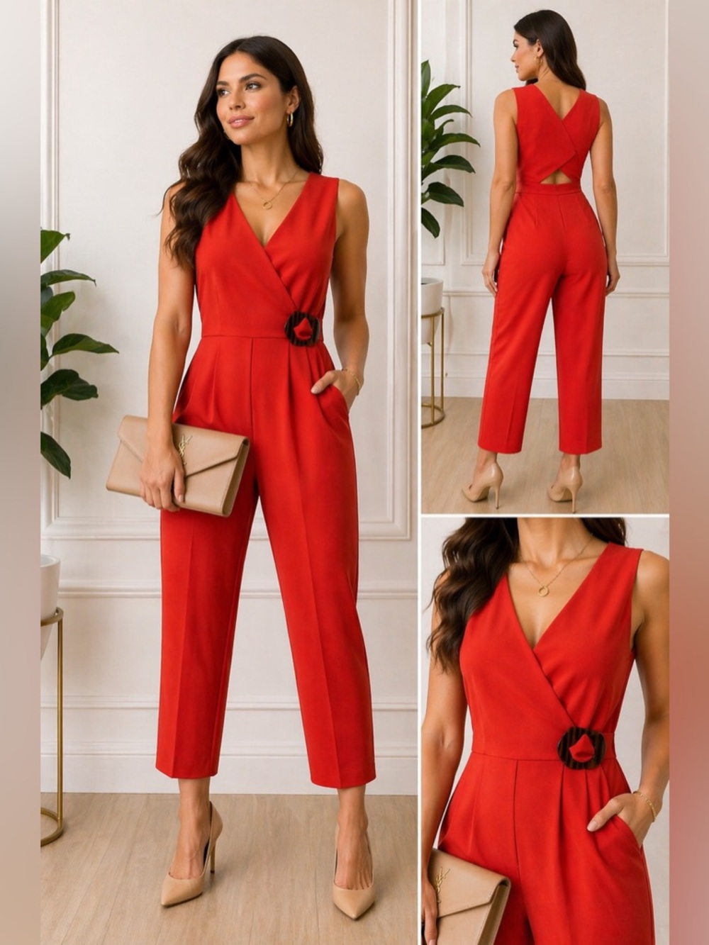 Topshop Red Sleeveless Wrap-Front Jumpsuit with Belt Detail